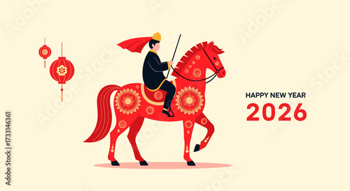 Illustration of a rider on a red horse with chinese lanterns and happy new year 2026.