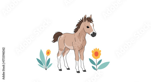 A small brown horse stands in a field of green grass with flowers all around it.