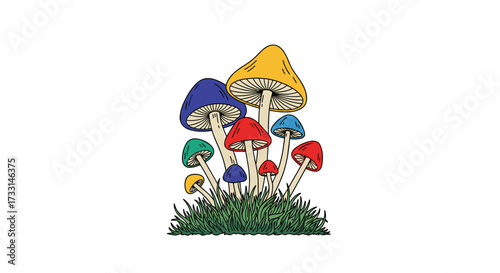 A vibrant cluster of colorful mushrooms growing on a patch of lush green grass.