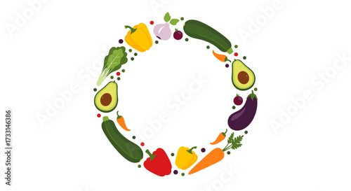A vibrant circular arrangement of fresh garden vegetables and ripe fruits in a healthy eating composition.