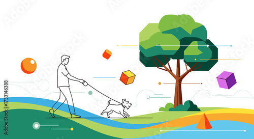 Man walking his dog in a park with abstract shapes and a tree.
