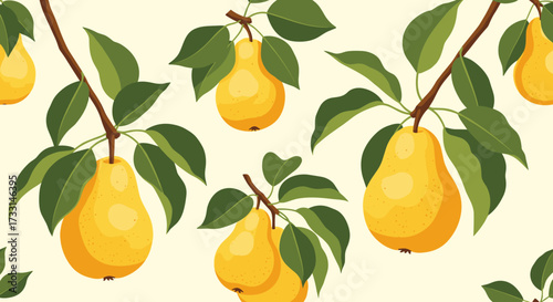 Seamless pattern of ripe yellow pears hanging from branches with green leaves.