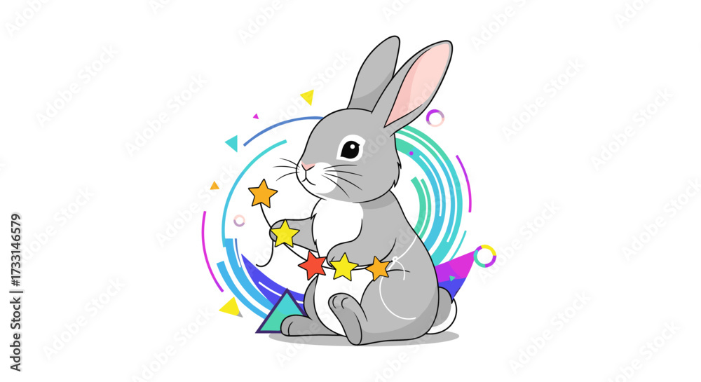 Fototapeta premium A cute little rabbit holds a string of colorful stars surrounded by abstract geometric shapes.