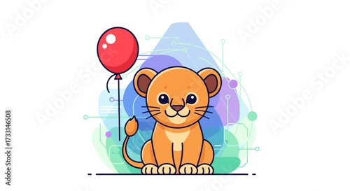 A cute little lion cub sits with a red balloon on a white background.