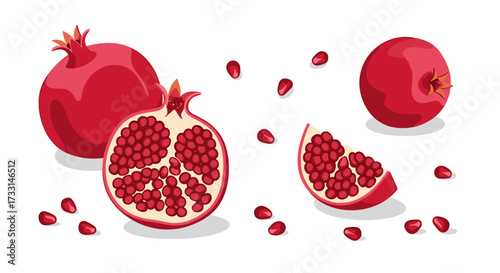 Delicious red pomegranates shown with loose arils scattered around.