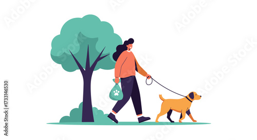 A woman walks her dog in a park on a sunny day collecting its waste.