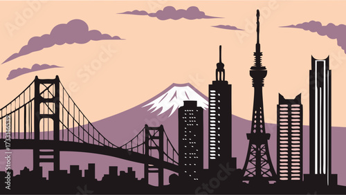 Tokyo skyline vector art with bridge, buildings, mount fuji. Suitable for travel brochures, city presentations, japanthemed designs, and posters.