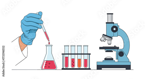 A scientist in blue gloves carefully adds a liquid from a dropper into a flask with a red solution alongside test tubes and a microscope on a white background.