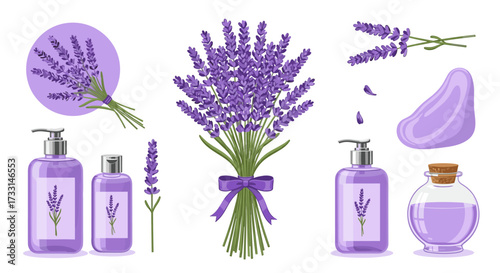 Beautiful lavender flower arrangements and aromatherapy products collection.