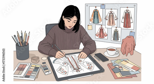 Fashion designer illustrating dress concepts on a digital tablet at a desk. Creative workspace with inspiration board, color palettes, and design t...