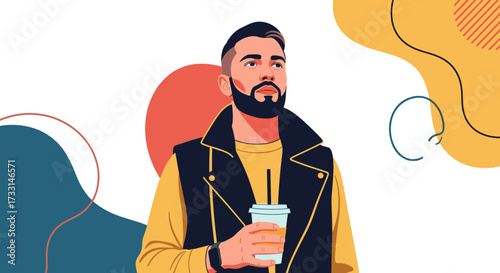 Stylish man holding a coffee cup and looking thoughtfully into the distance.