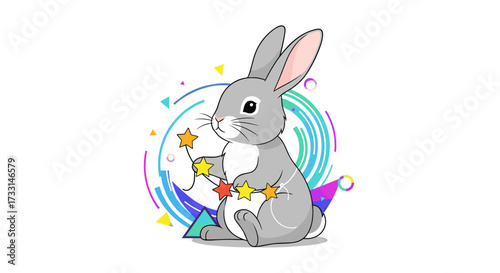 A cute little rabbit holds a string of colorful stars surrounded by abstract geometric shapes.