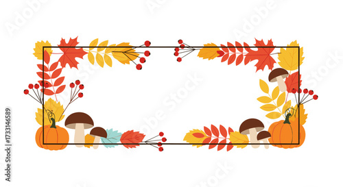 A festive rectangular frame adorned with autumnal leaves pumpkins and mushrooms for seasonal decoration.