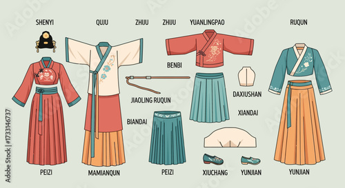 Hanfu: Traditional Chinese Clothing Styles, Garments, and Components Illustration