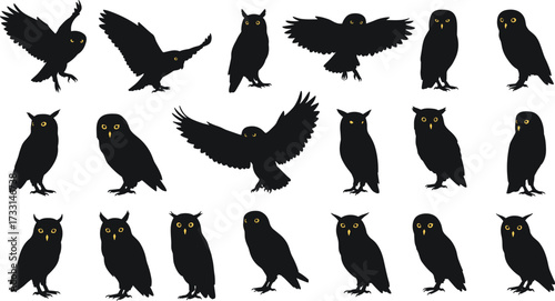 Owl silhouettes with glowing yellow eyes, nocturnal bird vector, flying wildlife design, forest predator illustration, black owl artwork, night nature