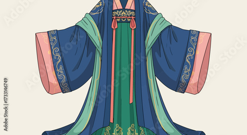 Elegant Traditional East Asian Robe Illustration. Hanfu-style Dress with Blue, Green, and Gold Patterns.