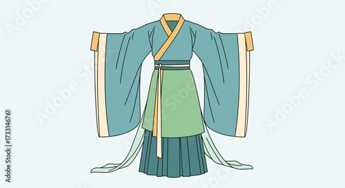 Traditional East Asian Historical Costume Illustration with Flowing Sleeves and Layered Skirt