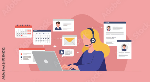 Customer Support Representative Working with Laptop and Headset.