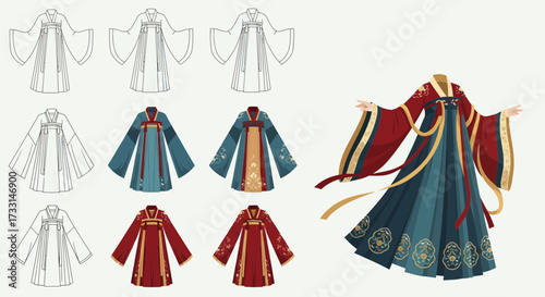 Traditional East Asian Hanfu Clothing Design Illustration. Historical fashion concepts with garment variations.