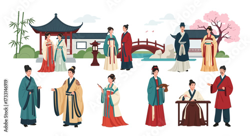 Traditional Chinese People in Hanfu, Ancient Cultural Scene Illustration with Classic Architecture