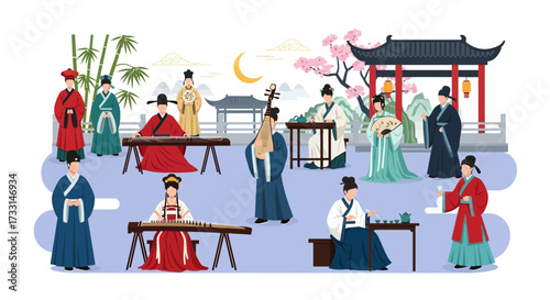 Ancient Chinese Culture & Arts: People in Traditional Hanfu Playing Instruments, Calligraphy & Tea Ceremony Illustration