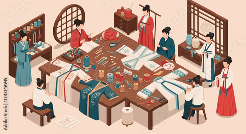 Women Crafting Traditional East Asian Garments in a Detailed Isometric Workshop