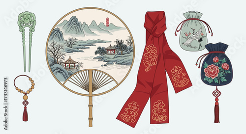 Traditional Asian Cultural Accessories Set. Hand fan, hairpin, embroidered sash, and decorative pouches illustration.