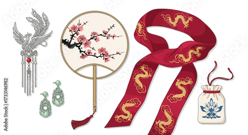 Traditional Chinese Cultural Ornaments: Phoenix Hairpin, Dragon Sash, Plum Blossom Fan, Jade Earrings, and Pouch