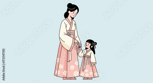 Mother and Daughter in Traditional East Asian Attire Holding Hands