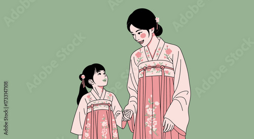 Smiling mother and daughter in traditional Asian attire holding hands. Family love, cultural heritage illustration with a green background.