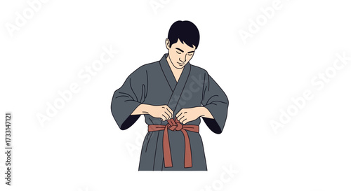 Martial artist tying red belt on uniform. Young man preparing for training, discipline, and focus in martial arts.