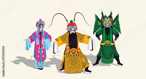 Three Traditional Chinese Opera Characters in Full Costume and Makeup - Cultural Art Illustration