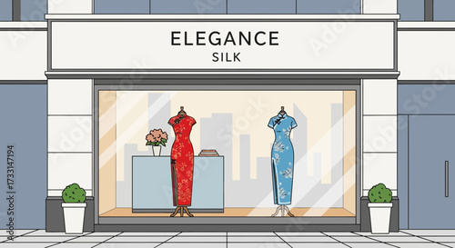 Elegance Silk Storefront with Cheongsam Dresses on Mannequins in Window Display, Flat Vector Illustration