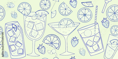 Refreshing hand drawn summer drinks and fruits seamless pattern with citrus slices and strawberries
