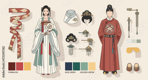 Illustration showcasing traditional Chinese clothing, accessories, and color palettes for a woman and a man.
