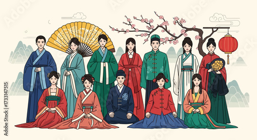 A group of people dressed in traditional Chinese attire, posing together in a stylized illustration.
