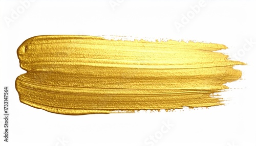 A single, textured brushstroke of shimmering gold paint, against a clean white backdrop