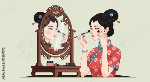 Traditional Chinese Woman Applying Makeup in Front of Ornate Mirror