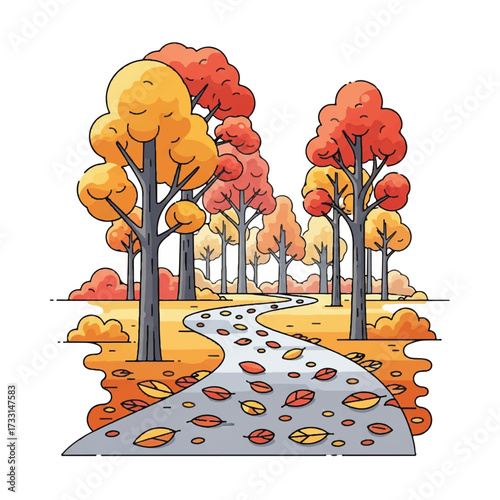 Colorful illustration of a winding road lined with vibrant autumn trees on a white background with scattered leaves.