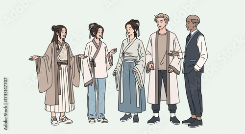 Five diverse individuals stand together, showcasing a blend of traditional and modern clothing styles in a minimalist illustration.