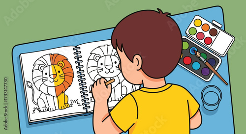 Child coloring a lion illustration in a sketchbook with watercolors. Creative art activity for young kids, educational and fun.