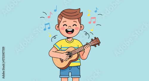 Cheerful cartoon boy playing ukulele, singing happily with musical notes illustration