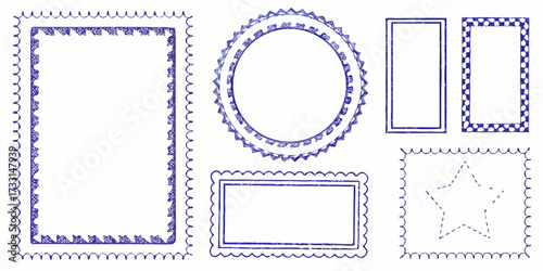 Collection of hand drawn blue decorative borders and frames in various shapes and styles
