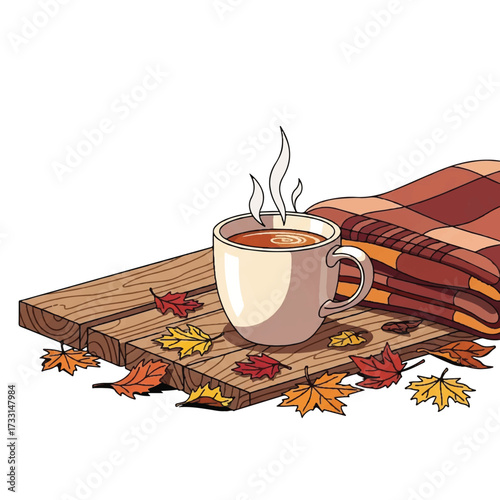 Illustration of a steaming mug of hot beverage on a wooden board with a plaid blanket and autumn leaves on a clean white background.