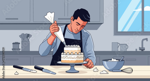 Man Decorating Two-Tier Cake with Icing in Kitchen, Culinary Hobby Illustration