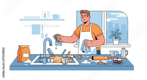 Man in apron washing dishes and cleaning a messy kitchen after baking, with flour and utensils on counter.