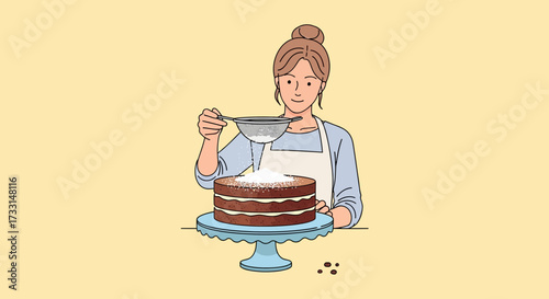 Woman decorating chocolate cake with powdered sugar. Homemade baking and dessert preparation illustration.