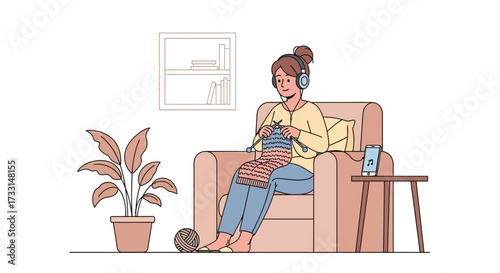 Relaxed woman knitting in armchair with headphones, enjoying music. Home hobby, leisure, and comfort illustration.