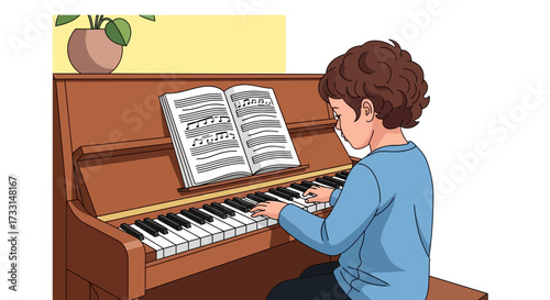 Young boy playing piano from sheet music, practicing a musical instrument, music education and childhood hobby illustration.