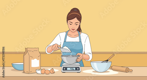 Woman measuring flour with a digital scale for baking. Home cooking and preparing ingredients in kitchen.